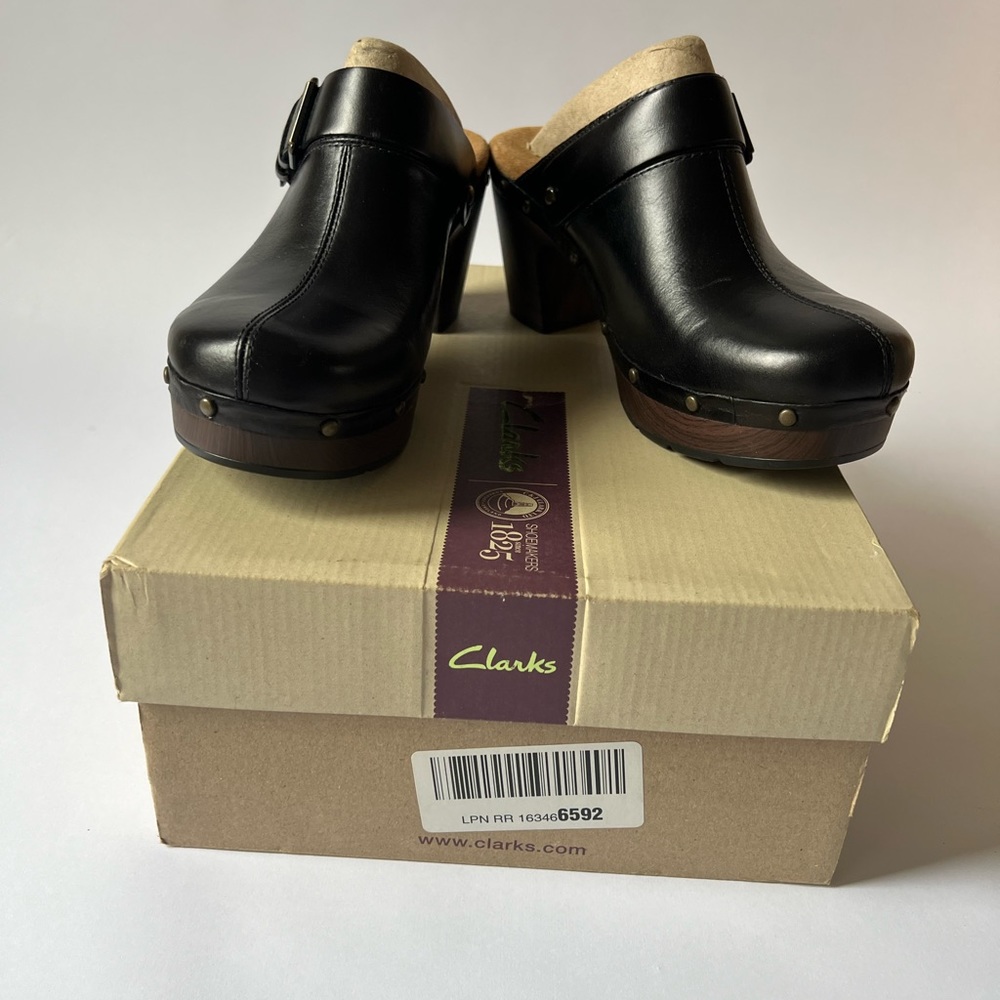Clarks black leather clogs - new in box.